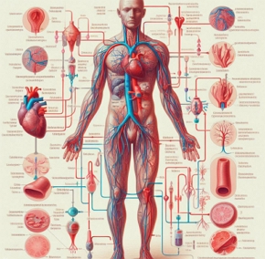Ilustração mostrando um corpo humano e o sistema circulatório