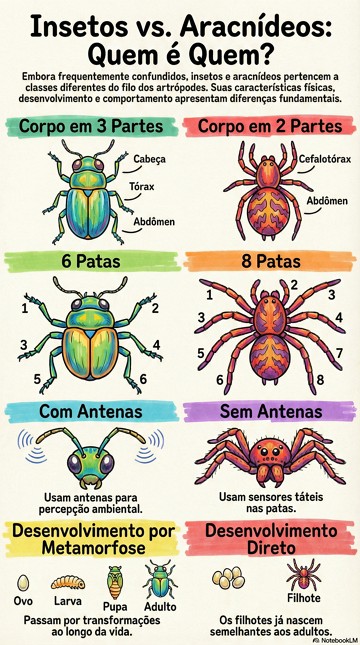 Infogr&aacute;fico mostrando diferen&ccedil;as entre insetos e aracn&iacute;deos.