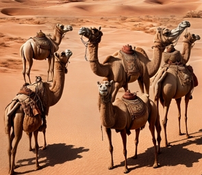 Foto do deserto com seis camelos
