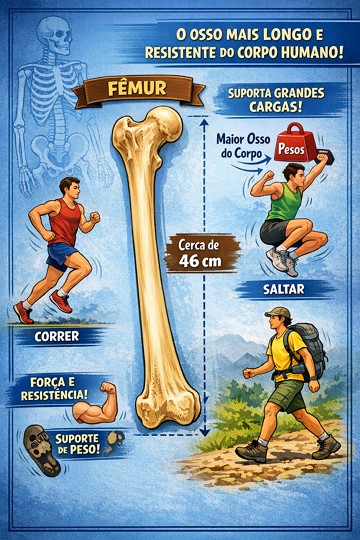 Ilustra&ccedil;&atilde;o com dados did&aacute;ticos sobre o osso f&ecirc;mur