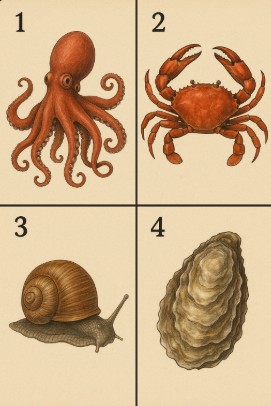 Imagem com 4 animais sendo que três são moluscos