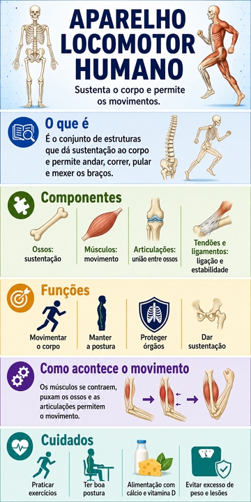 Infogr&aacute;fico sobre o aparelho locomotor humano e suas fun&ccedil;&otilde;es