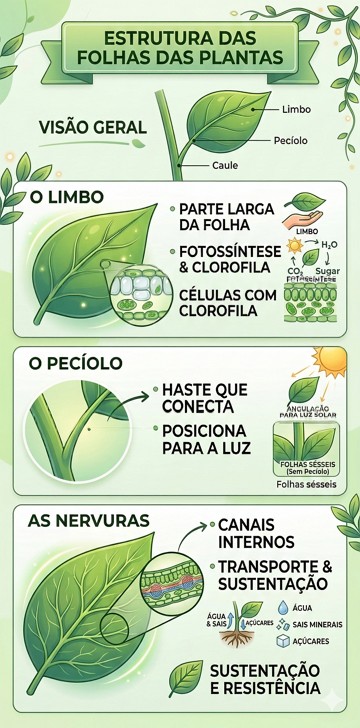Infogr&aacute;fico did&aacute;tico mostrando a estrutura das folhas das plantas