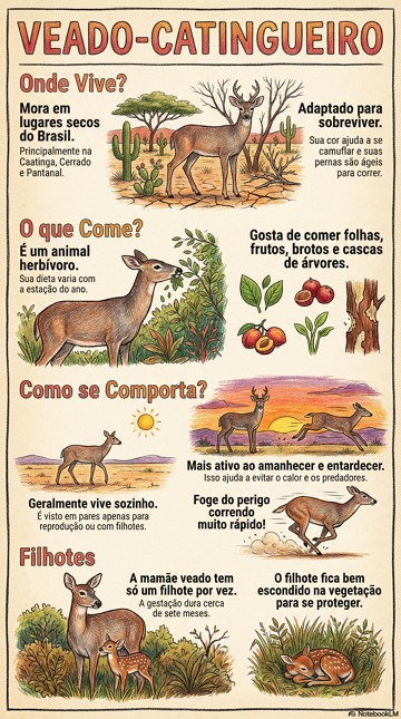 Infográfico sobre o veado-catingueiro Infográfico com síntese sobre o veado-catingueiro