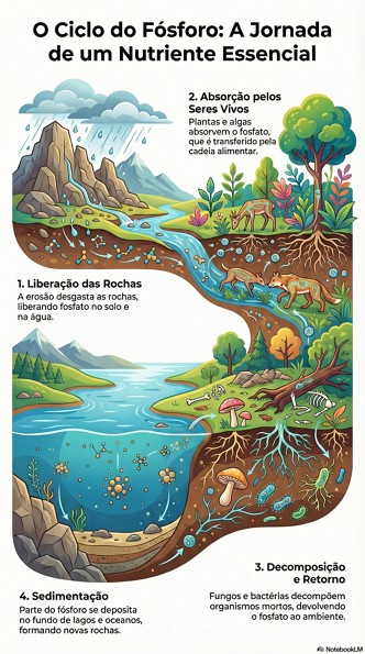Infográfico mostrando as etapas do Ciclo do Fósforo Infográfico mostrando as etapas do Ciclo do Fósforo