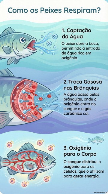 Infogr&aacute;fico explicando resumidamente e de forma did&aacute;tica a respira&ccedil;&atilde;o dos peixes
